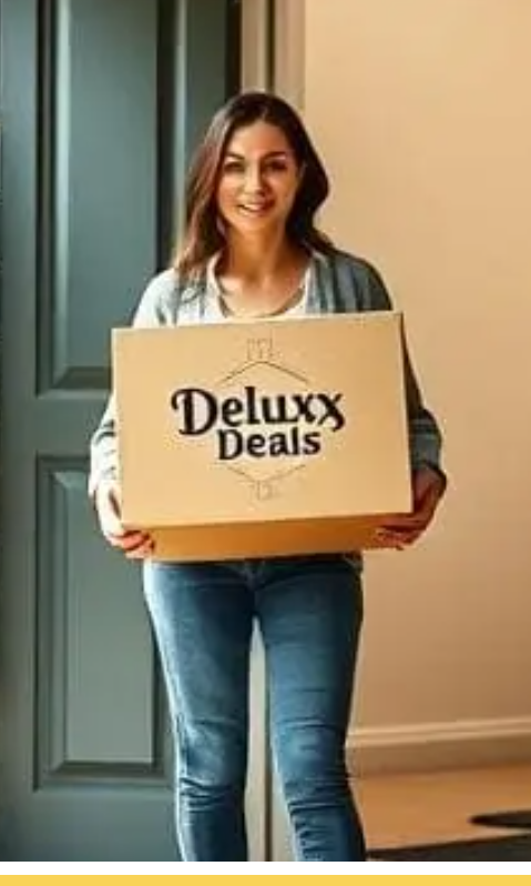 Happy Deluxx Deals customer holding a box