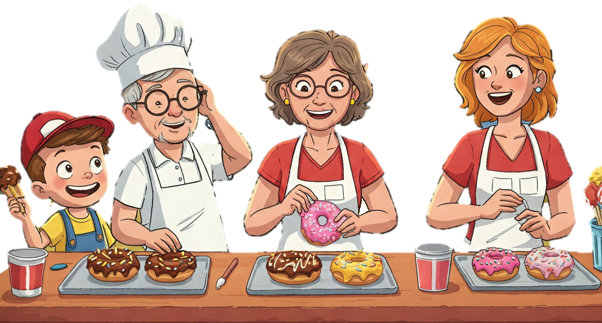 Family of all ages baking donuts